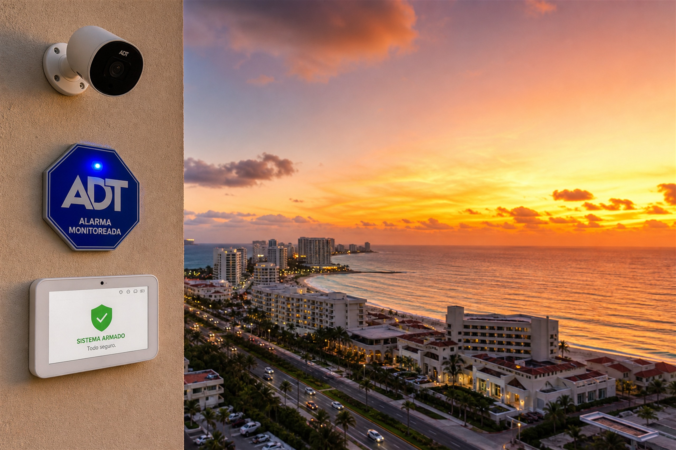 ADT Cancún: alarma monitoreada y sistema armado frente a la costa.